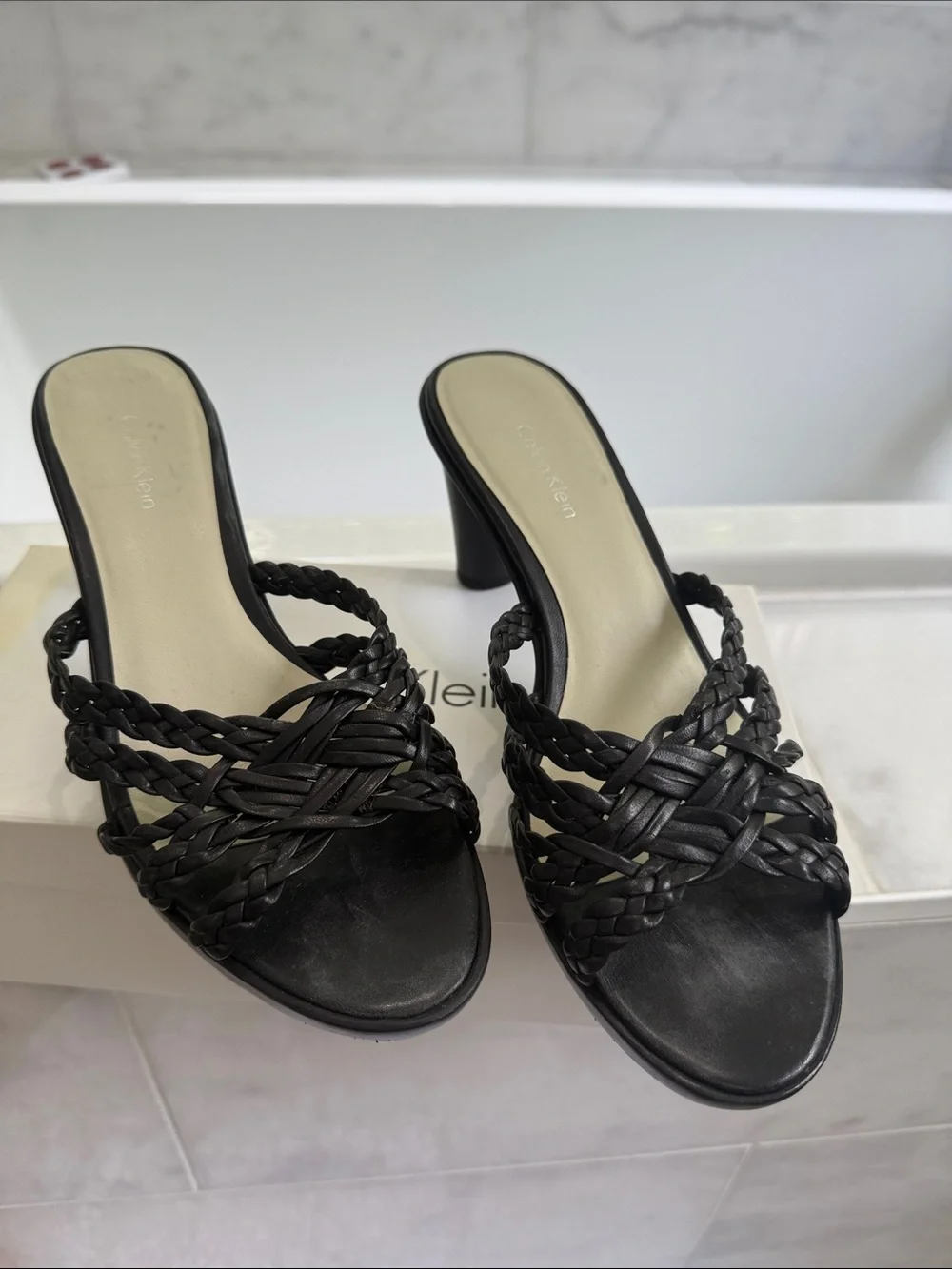 Calvin Klein Black Braided Leather Mule Heels 8 1/2 nib